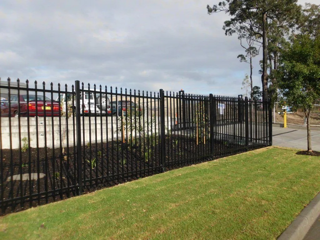 A 2.1 m Brentwood-style press-formed spear top security fence.