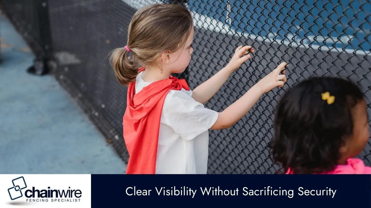 A child looking through a black chainlink fence with an open view beyond
