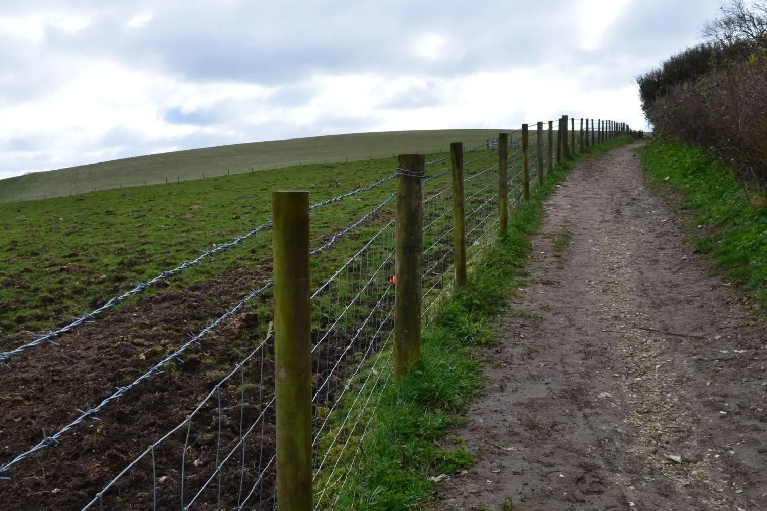 A wire rural fence running along a dirt path on a hillside.