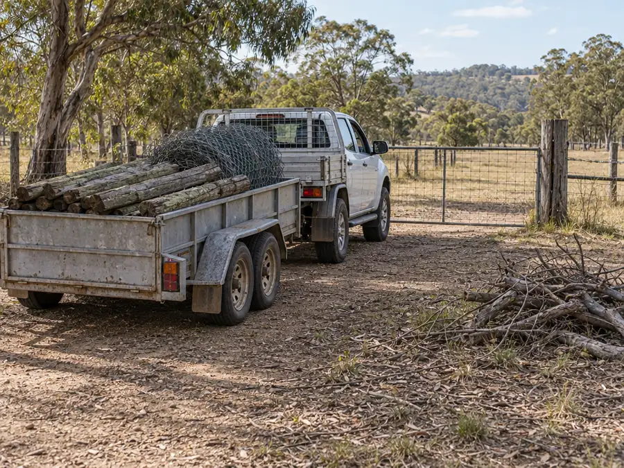 At a paddock gate, a box trailer hitched to a white ute holds a rolled coil of old chain wire and a stack of weathered fence posts. A separate heap of dry dead branches sits on the bare ground beside the track.