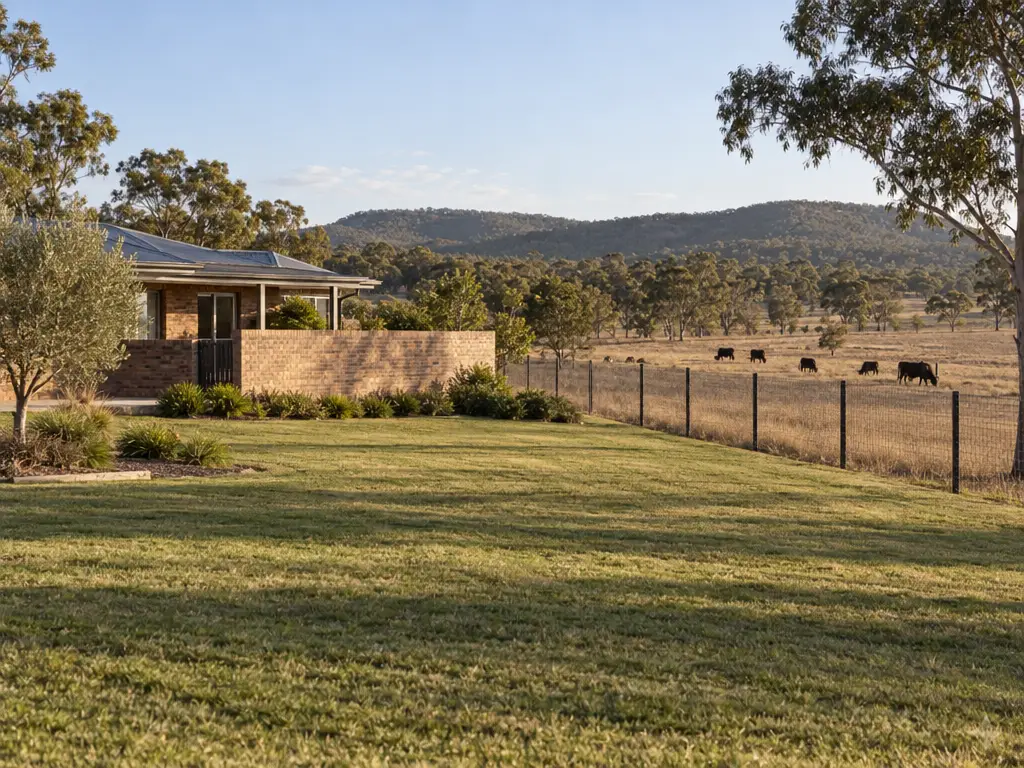 Generic Hunter acreage scene in late afternoon summer light. A single-storey brick homestead with a solid masonry screen wall between the house and a dry paddock. Further out, a boundary fence of steel posts with dark mesh runs across the paddock, with cattle grazing beyond and eucalypts on the far ridge.