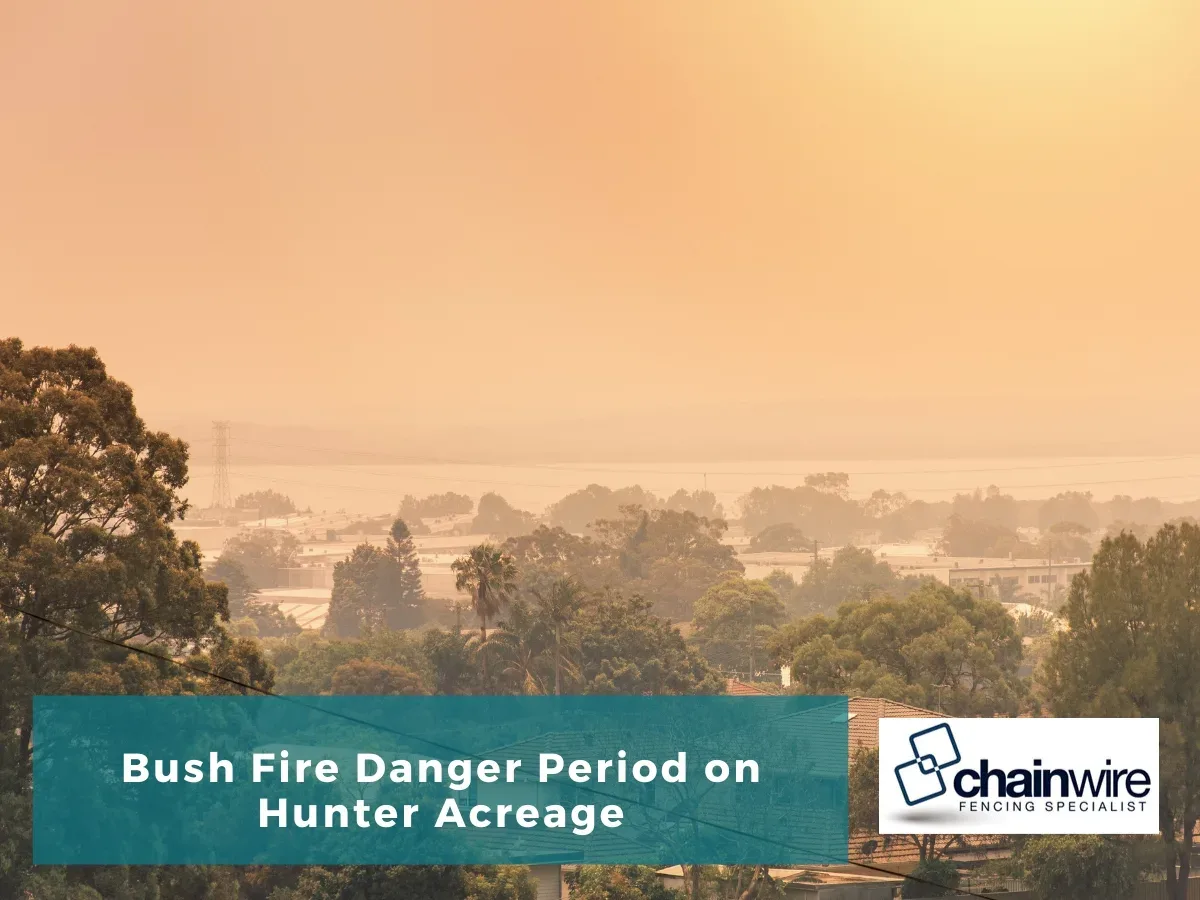Orange smoke haze over rooftops and trees with a power pylon, titled Bush Fire Danger Period on Hunter Acreage