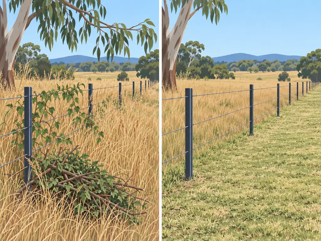 Generic before and after, drawn side by side. Before: a rural post and wire fence on steel star pickets with long dry grass to the top wire, a creeper through the wires, a gum branch hanging over and a pile of prunings against a post. After: the same fence with a wide slashed strip of short grass on the near side, the creeper and prunings gone and the branch cut back.