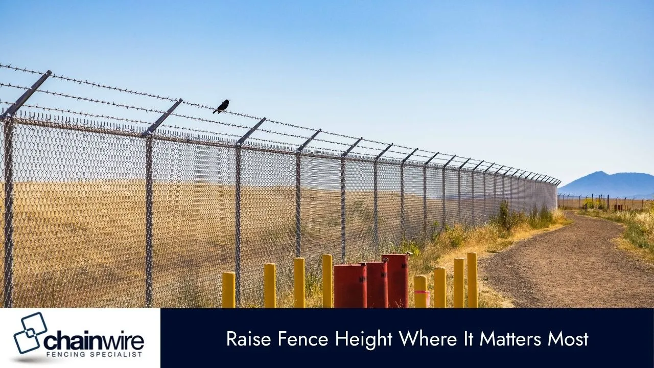 Higher galvanised chainwire fencing with an angled barbed wire extension along an exposed boundary