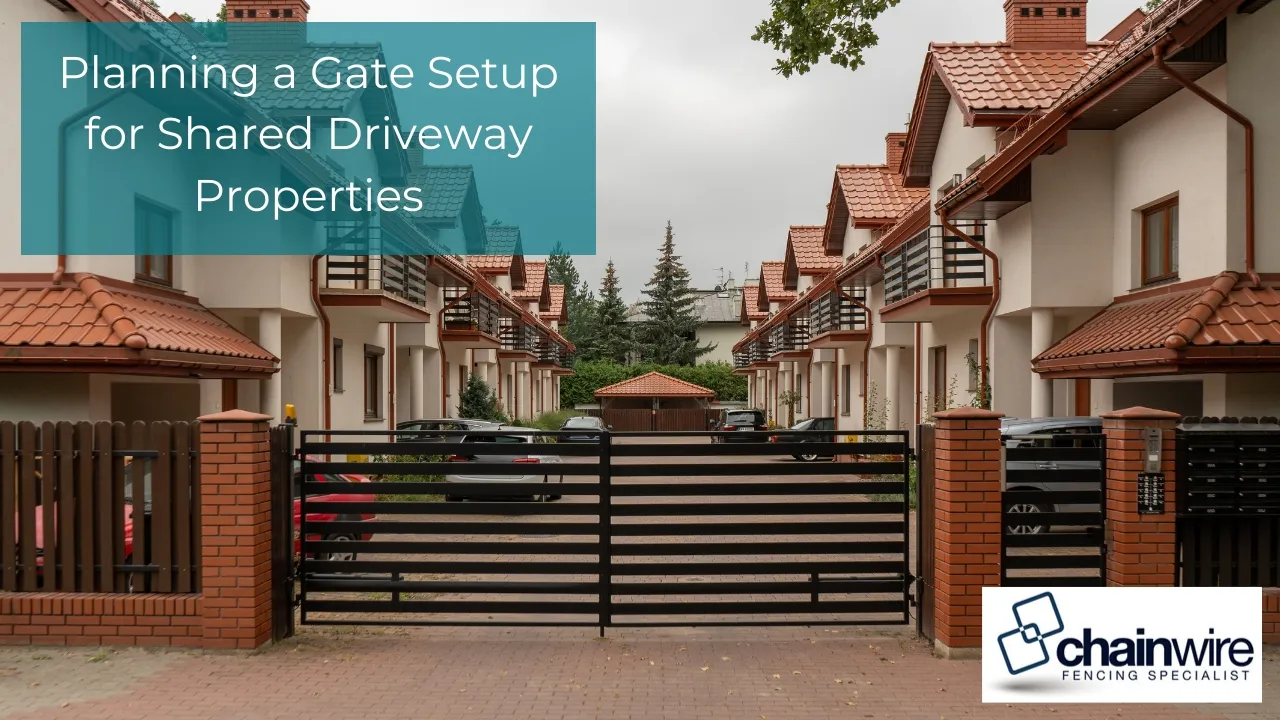 Automated gate at the entrance to a shared driveway between two properties