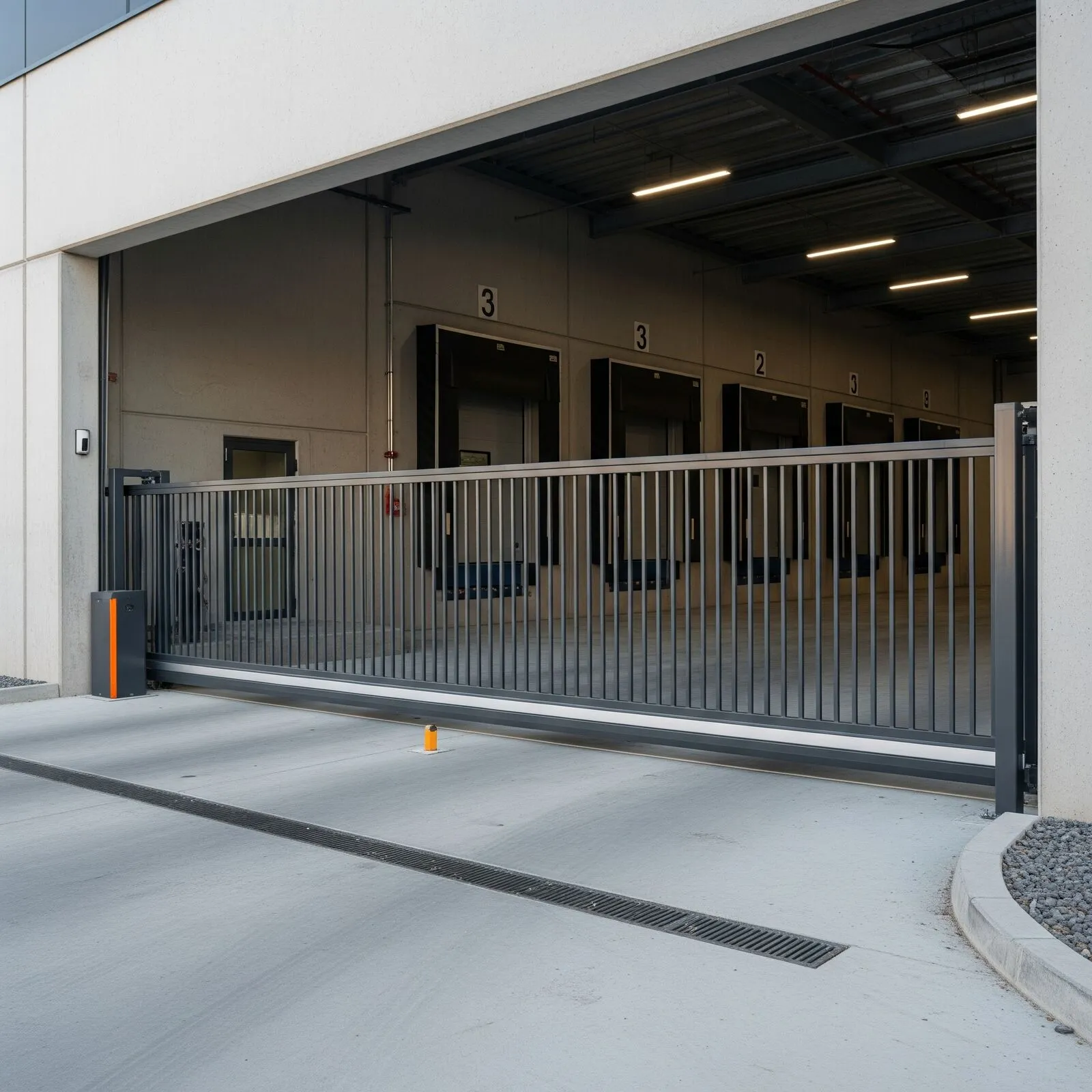 A sliding security gate at a warehouse entrance