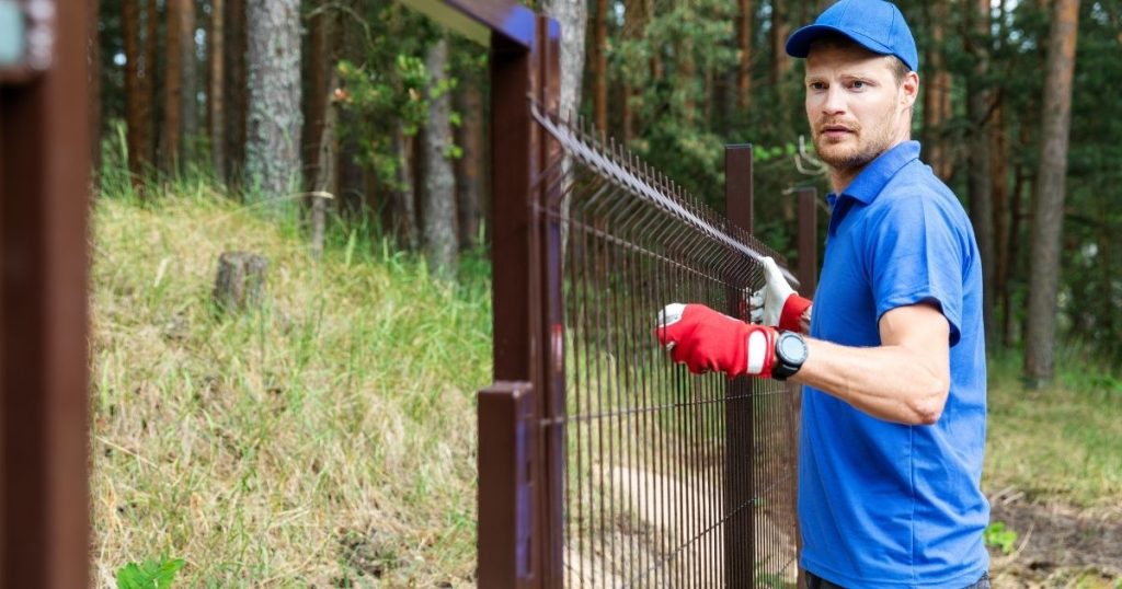 A man in a blue shirt and cap installing a brown wire mesh fence in a wooded area.