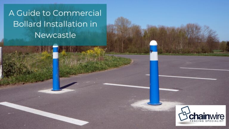 Two blue safety bollards with white reflective bands installed at a commercial area