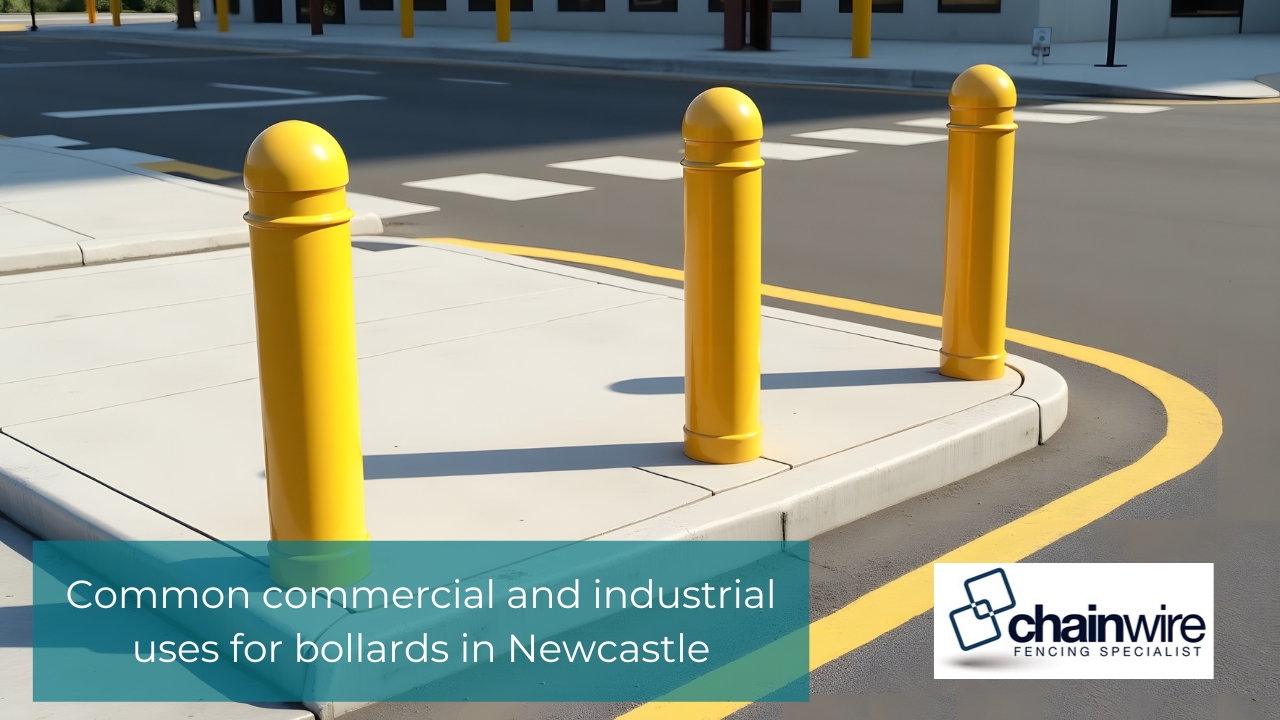 A Guide to Commercial Bollard Installation in Newcastle - Bollard Three bright yellow safety bollards installed on a concrete curb corner at a road intersection